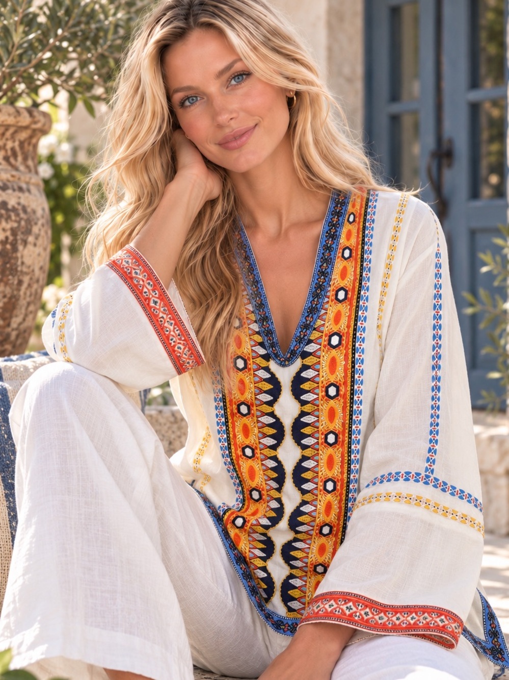 Tory Burch Embroidered Cotton Tunic Size 10 Boho Resort Caftan Bell Sleeve M